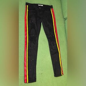 Stylish Black Jeans with Red and Yellow Stripes